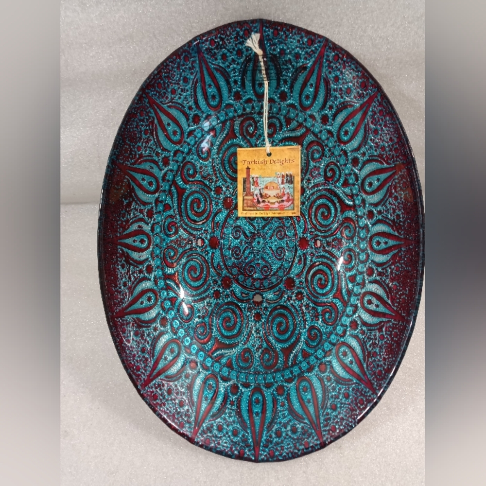 Turkish Delights Large 12X9 Art Glass Oval Bowl Reverse Enamel Blue Red